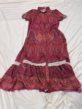Button-Front Paisley Maxi Dress in Berry